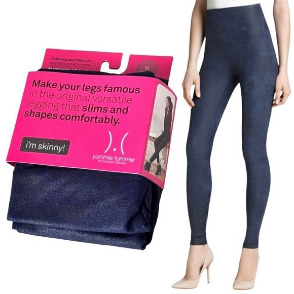 NEW Yummie Tummie Shaping Leggings Sz.M Dark Blue Silver Shimmer Athleirure - Picture 1 of 7